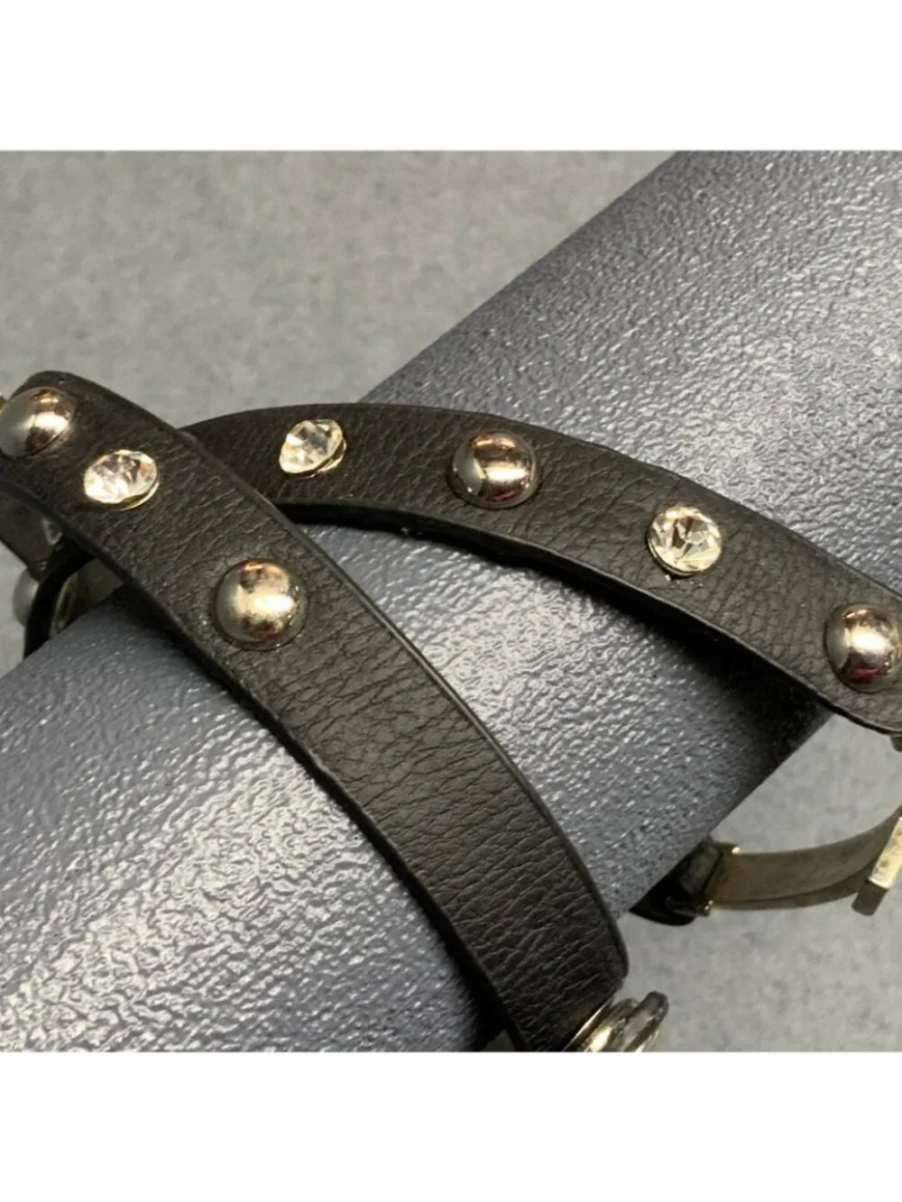 Cross Wrap Bracelet 22 In Silver Studded Black Leather Rhinestone Adjustable